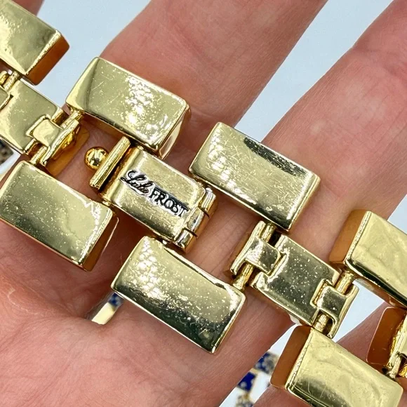 Rare Lulu Frost Signed Blue Enamel Gold Statement Necklace 17” Excellent Cond. - Picture 16 of 17